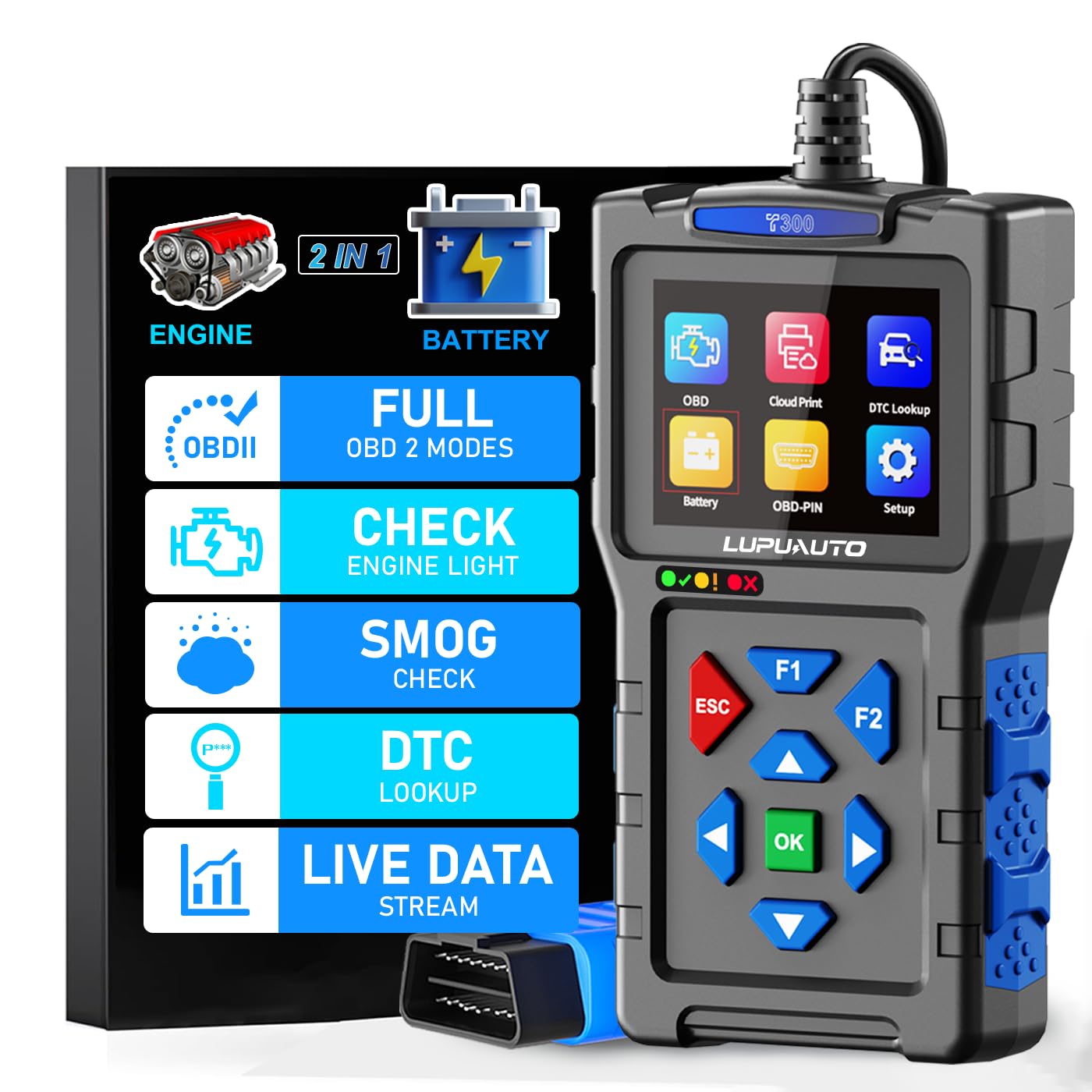 T300 Professional OBD2 Scanner Diagnostic Tool, Vehicle Code Reader for Check Engine Light with Battery Test, OBD II Scanner for All OBDII Car Since 1996(Without Battery)