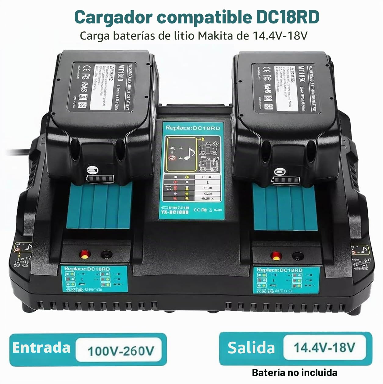 7,2~18 V Chargeur Rapide Cargador DC18RD 4A para Makita BL1830 BL1840 BL1850 BL1815 194204-5 194205-3 Batería de Repuesto para DC18RC DC18RA Cargador con Pantalla LED