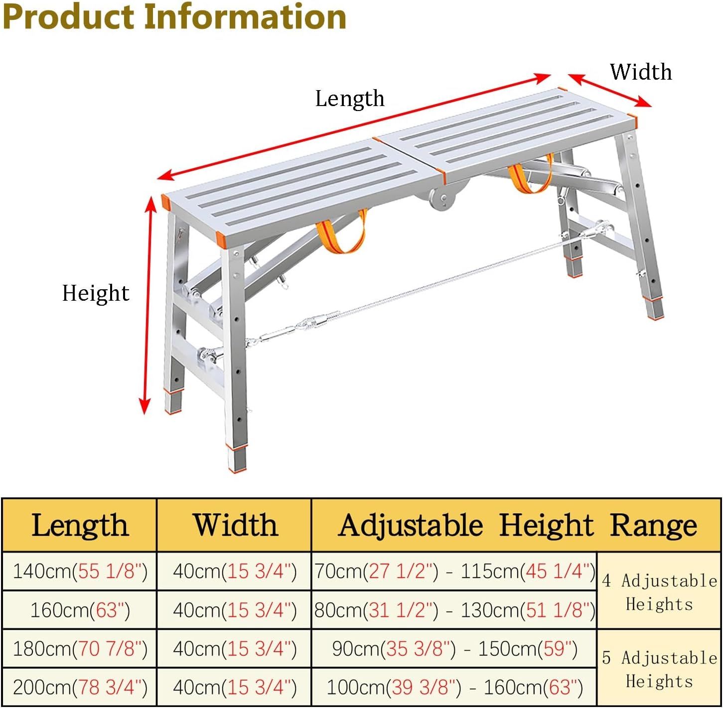 Scaffolding Adjustable Height Welding Scaffolding Platform, Portable Scaffold Plank No Assembly Required, Work Scaffolding Equipment, No Damage to Floor(L-140cm(55 1/8"))