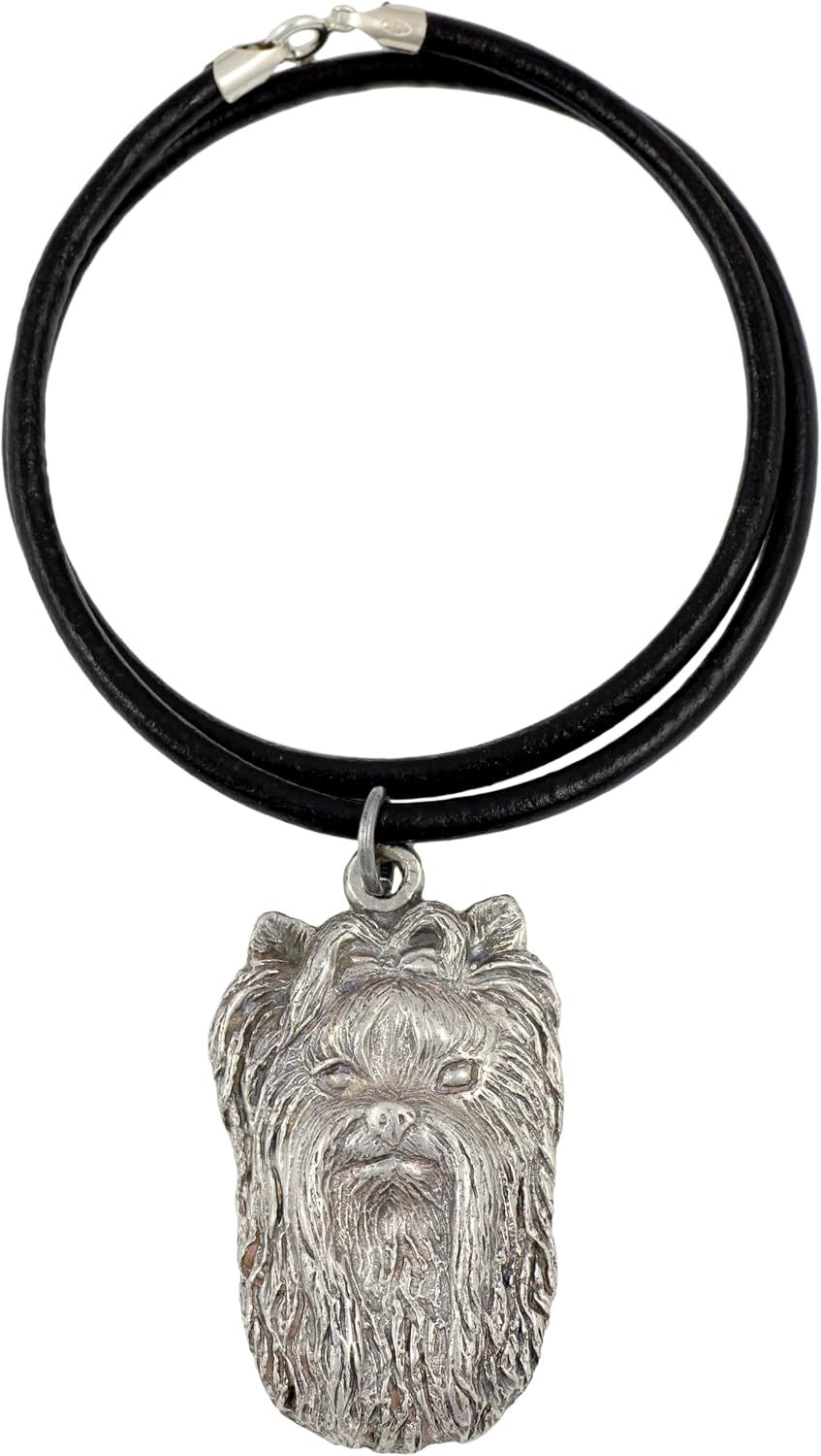 Art-Dog Silver-Plated Dog Pendant on a Leather Strap - Dog Necklace from ArtDog Collection – Silver Dog Necklaces for Men and Women – Dog Breeds Jewelry – Yorkshire Terrier