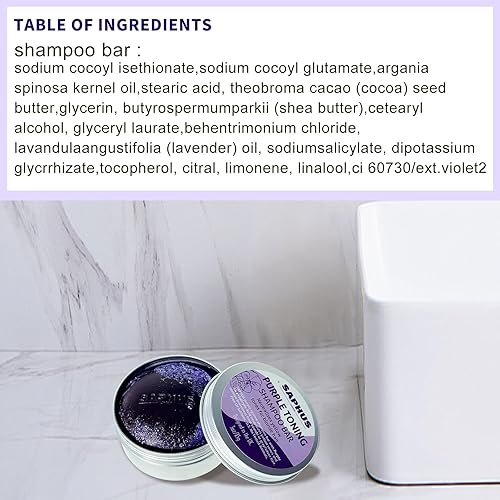 Miniatura 7 de Barra de champú púrpura tonificante de latón sin sulfato para cabello rubio, decolorado, plateado o castaño con reflejos para viajes, con recipiente