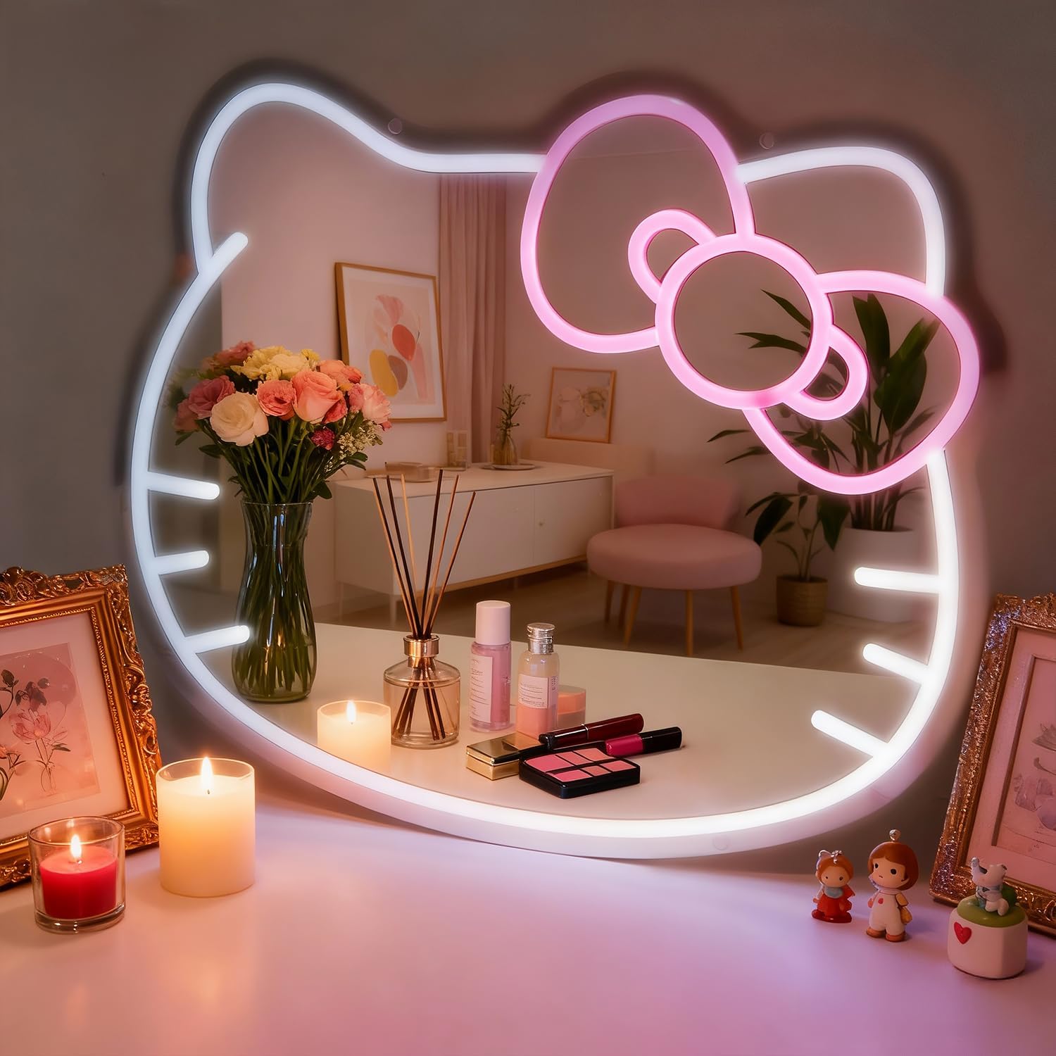 Anime Neon Sign Mirror,Vanity Mirror with Lights Bedroom Wall Mirror for Pink Room Decor and a Makeup Mirror with Lights Teen Girl Gifts for Birthday Christmas Halloween Thanksgiving