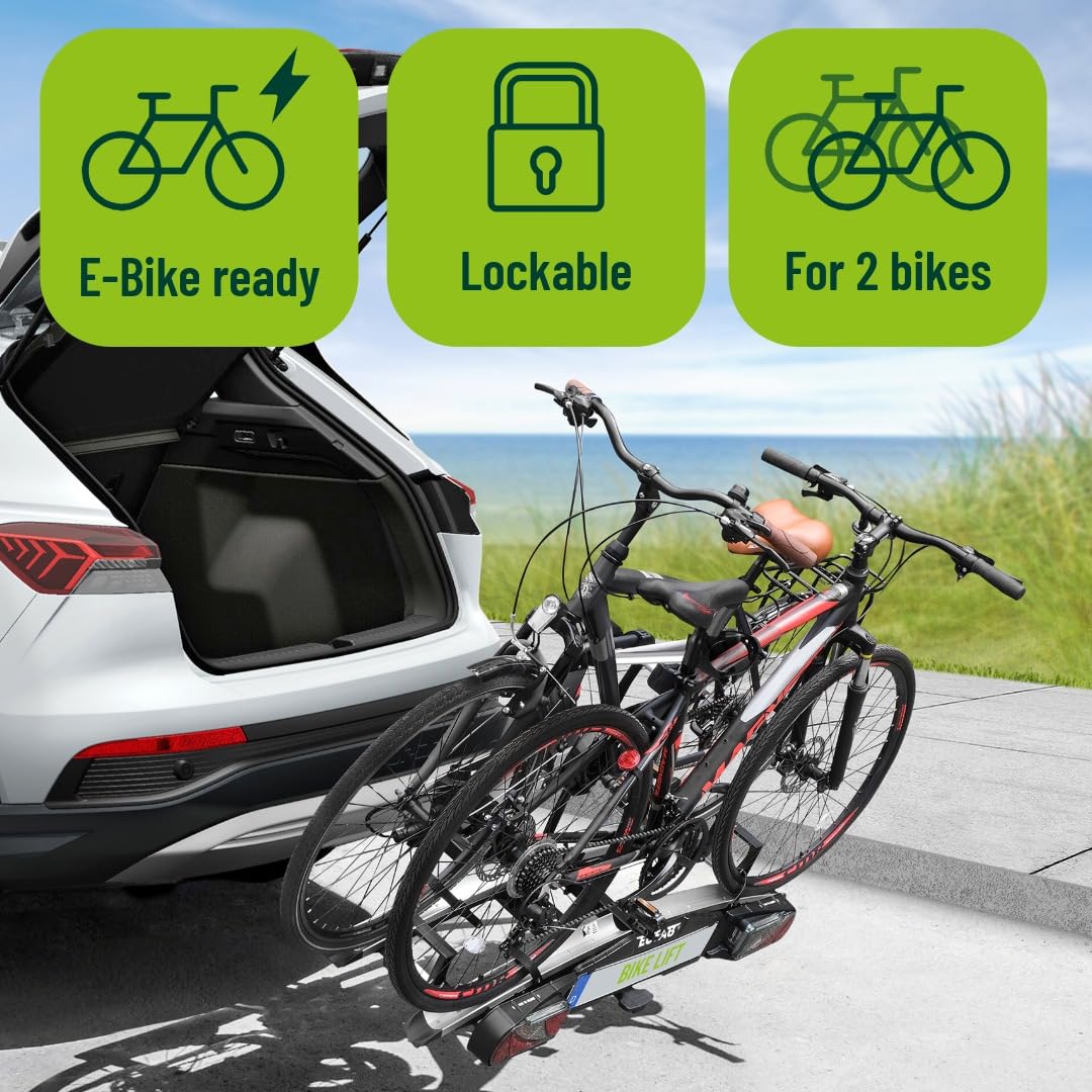 EUFAB 11554 Bagażnik rowerowy Bike Lift, nadaje się do rowerów elektrycznych, w pełni zmontowany, elektryczne opuszczanie, ochrona przed kradzieżą, na 2 rowery, na hak holowniczy, 2025 z uchwytami na