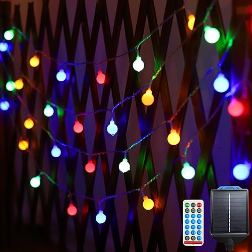 FTEOYEL Tira de luces solares de globo colorido de 55 pies, 100 luces LED, multicolor, 11 modos de iluminación con control remoto para porche,