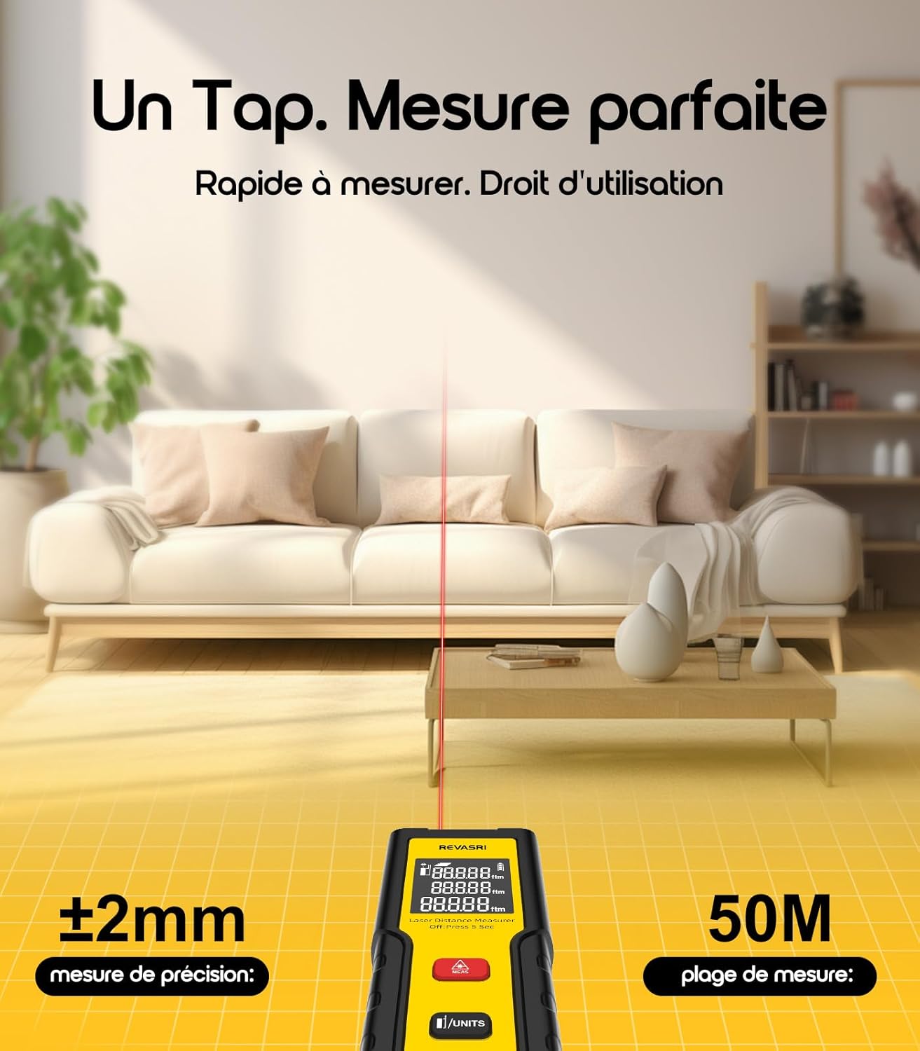 REVASRI Laser Distance Measurer in use, showing laser beam for measurement