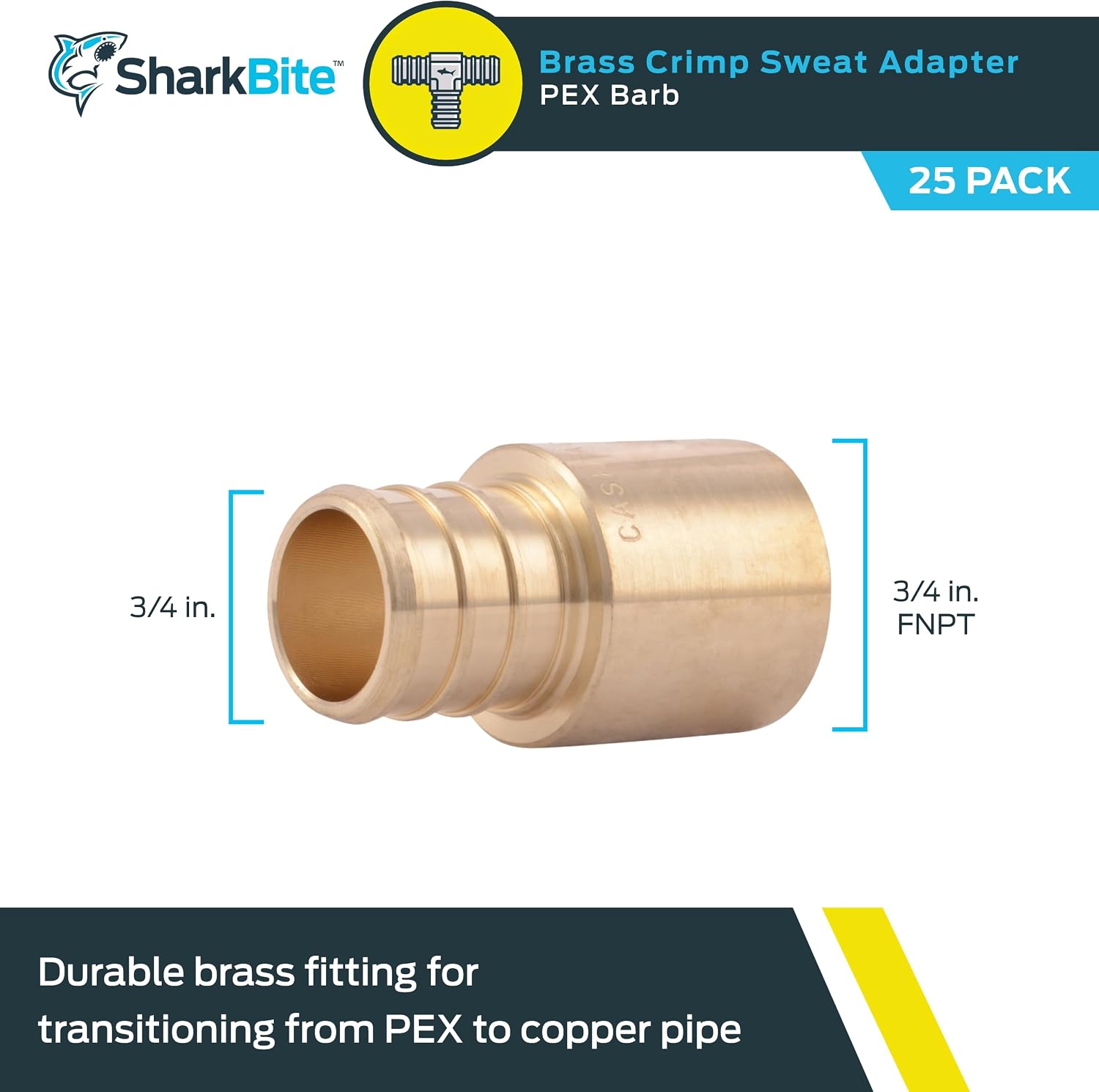 SharkBite 3/4 Inch Crimp MNPT Male Sweat Adapter, Pack of 25, Brass Plumbing Fittings, PEX Pipe, UC608LF