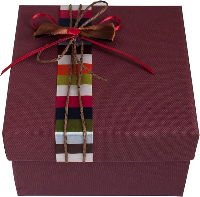 Emartbuy Gift Box, 13 x 13 x 9.5 cm, Burgundy Box with Lid and Stripes Decorative Ribbon
