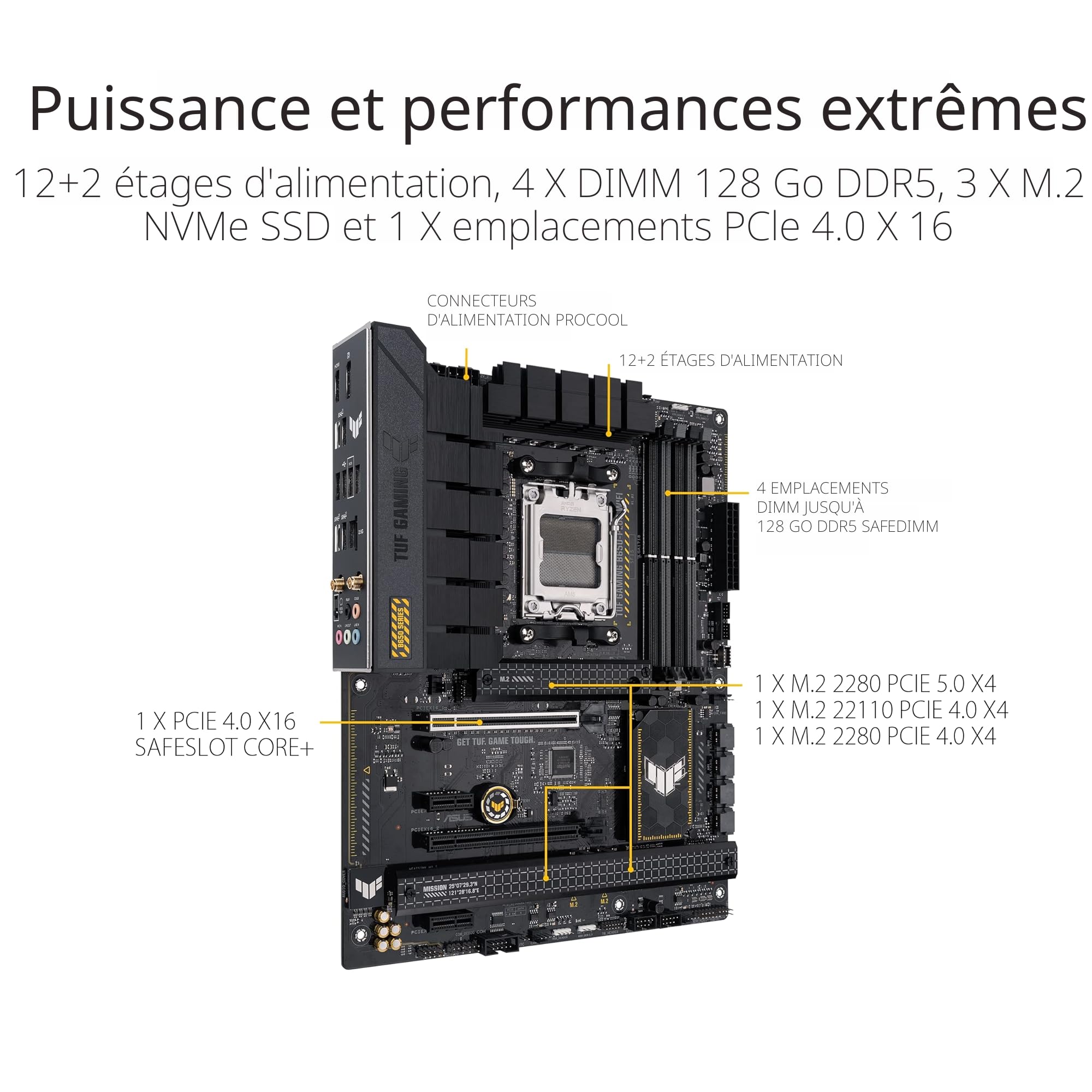 ASUS TUF GAMING B650-PLUS WIFI – Carte mère gaming AMD Ryzen AM5 ATX (14 phases d'alimentation, PCIe 5.0 M.2 support, DDR5, WiFi 6, 2.5 Gb Ethernet, USB4, Aura Sync RGB)