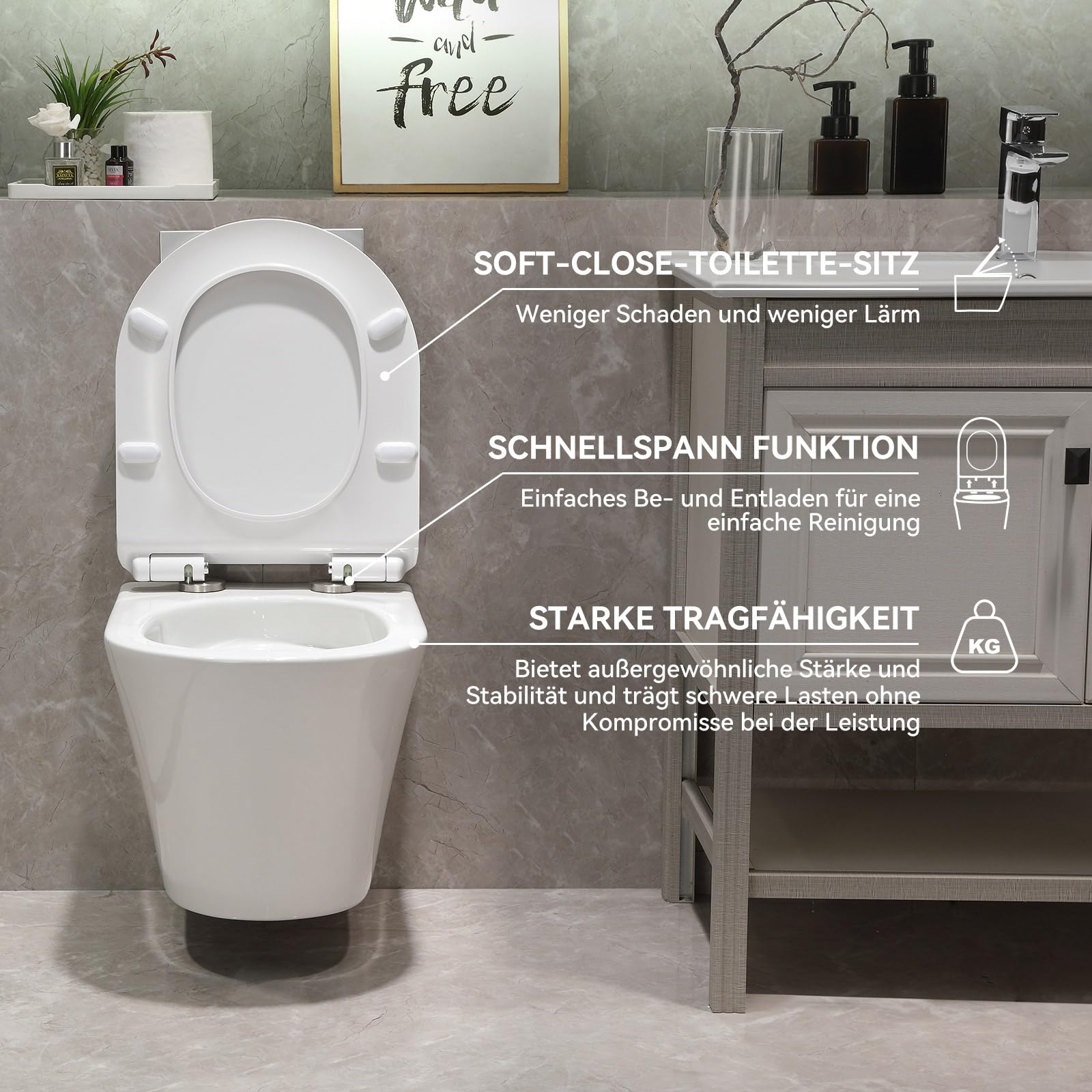 Wisząca toaleta i element podtynkowy, kompletny zestaw WC z podtynkową spłuczką, płyta uruchamiająca WC, bezzapachowa muszla klozetowa, wolnoopadająca pokrywa UF, z powłoką nano