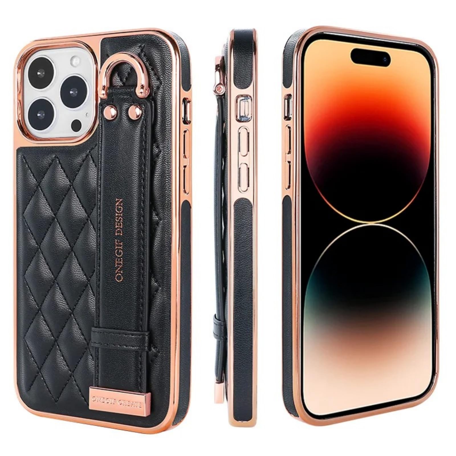 QANXGOG Case for iPhone 13 Pro Max/13 Pro/13, Gold Plated Edge Quilted Leather Shell Soft Microfiber Lining with Adjustable Hand Wrist Strap Stand