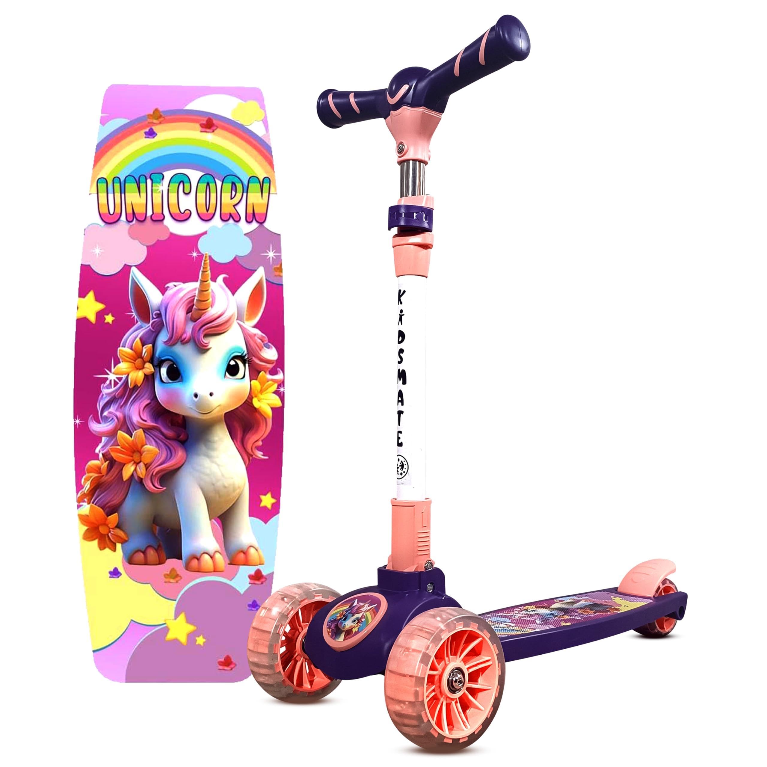 Kidsmate Spartan Kick Scooter with Broad PU LED Wheels | 3-Wheel Skating Scooter for Boys & Girls of Ages 2-12 Years | 4-Level Adjustable Height, and Easy Fold Design (Pink-Purple)-image-4