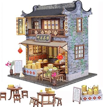 DIY Miniature Dollhouse Kit Chinese Style Cantonese Tea House Lingnan Building Model Adult Assembled Toy Presents House with LED Light for Surprise Chirstmas