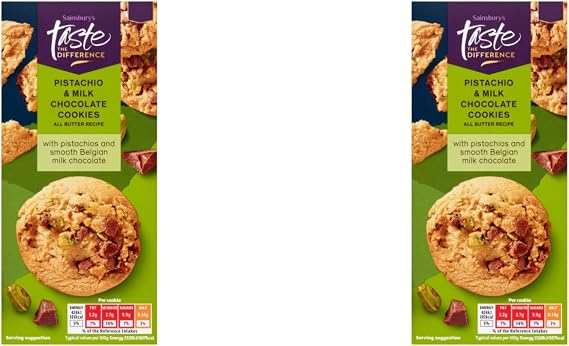 BIZZAL Sainsbury's Taste the Difference Pistachio & Milk Chocolate Cookies, All Butter Recipe, with Belgian Milk Chocolate, 200g, Pack of 2