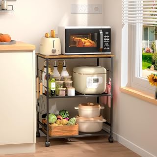 ThreeHio 3-Tier Rolling Microwave Cart with Lockable Wheels, Storage Hooks & Sturdy Wood Top - Kitchen Coffee Stand Organizer