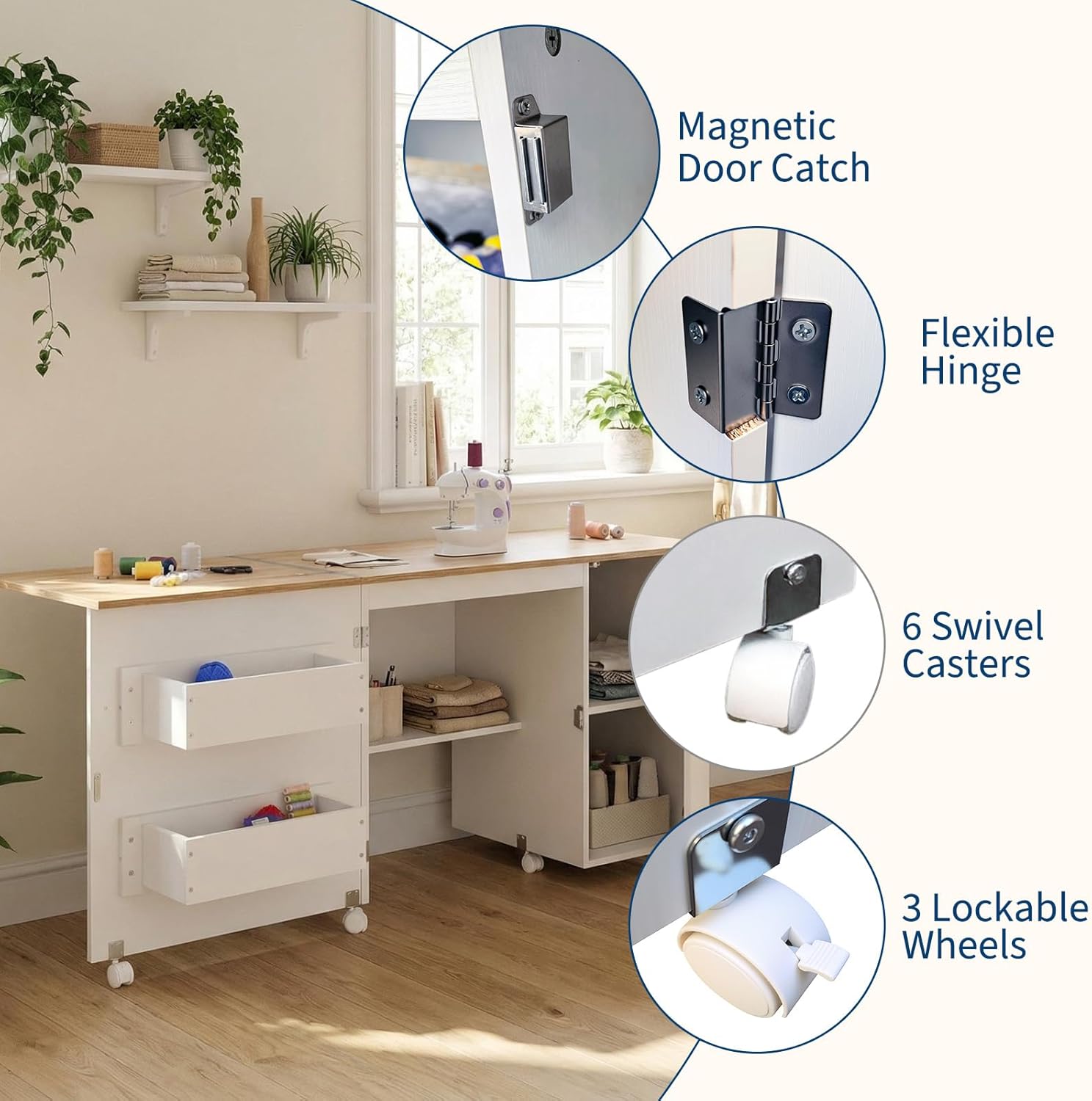 Large Folding Sewing Table, 63" x 19" x 29.5" Multipurpose Portable Craft Station & Side Desk with Compact Design, Caster Wheels, Storage Shelves, 2 Storage Trays, Magnetic Doors, White + Natural