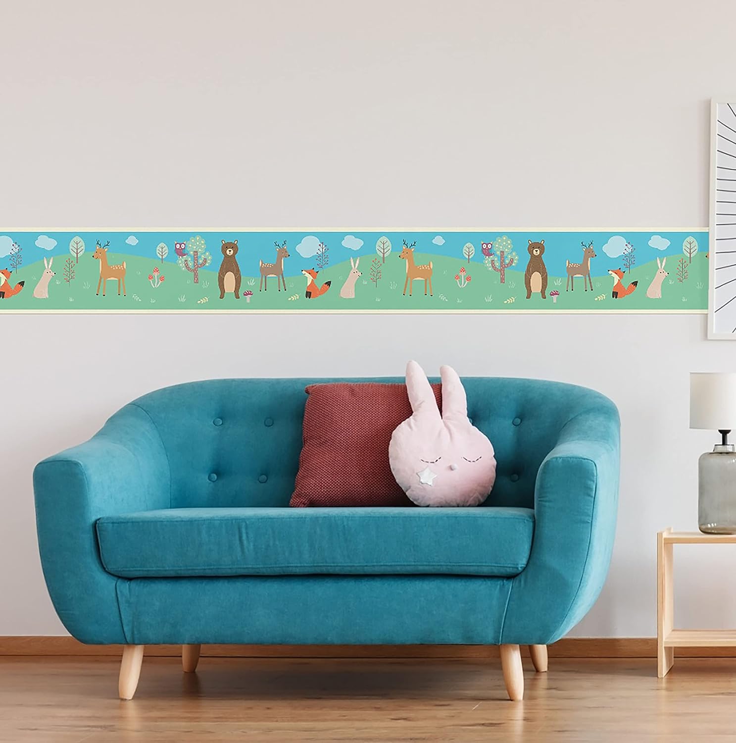 Grace & Gardenia Forest Animals Peel and Stick Wallpaper Border (Blue Green Tan, 8 inch)