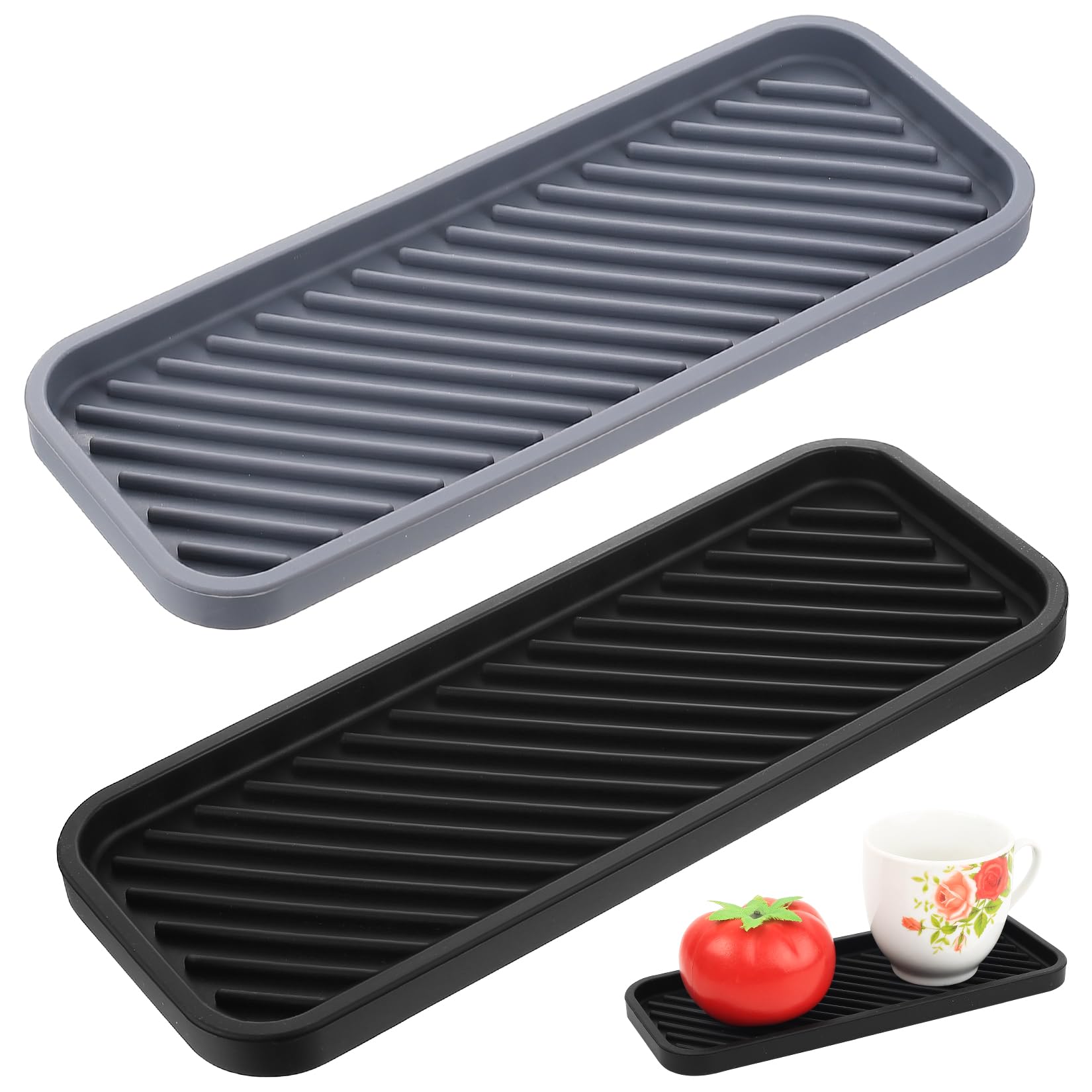 2 PcsSilicone Kitchen Sponge Holder for Kitchen Sink Tray, Silicone Sink Organizer Trays, Black Silicone Draining Mat for Sinks, Bathroom, Kitchen Worktop, Soap and Sponge Dispenser(9.06 x 3.54")
