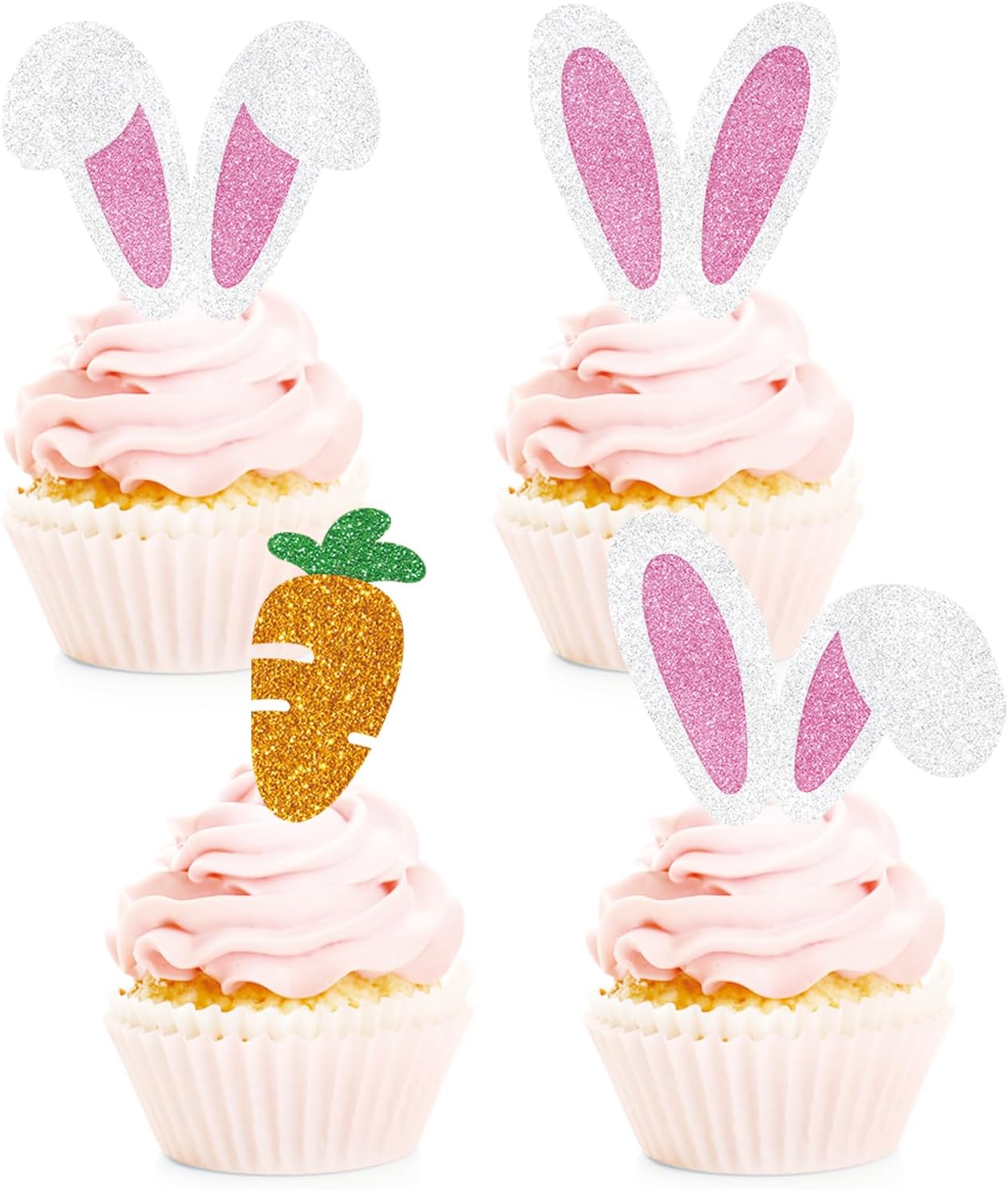 24 Pack Easter Bunny Cupcake Toppers, Glitter Rabbit Ears Cupcake Topper, Ear Cupcake Topper for Easter Theme Birthday Baby Shower Rabbit Party Supplies