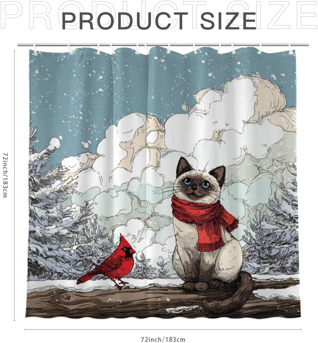 Winter Siamese Cat and Cardinal Shower Curtain Winter Snow Forest Cute Snowflake Nature Scenery 72x72 Inches Bathroom Decor Curtain with 12 Hooks