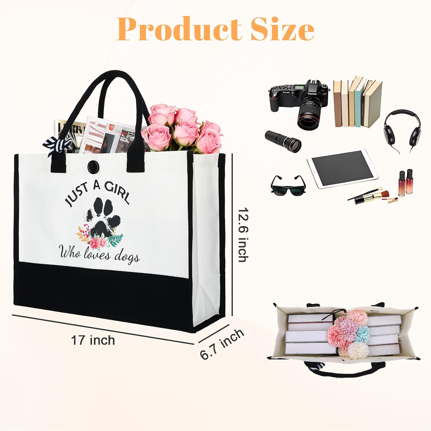 Dog Tote Bag for Supplies Just a Girl Who Loves Dogs Print Tote, Dogmom Gifts Bag for Women, Reusable Pet Lunch Carrier, Cute Decor for Dog Lover Friends, Shopping Travel Grocery Picnic Mom Tote - Image 4