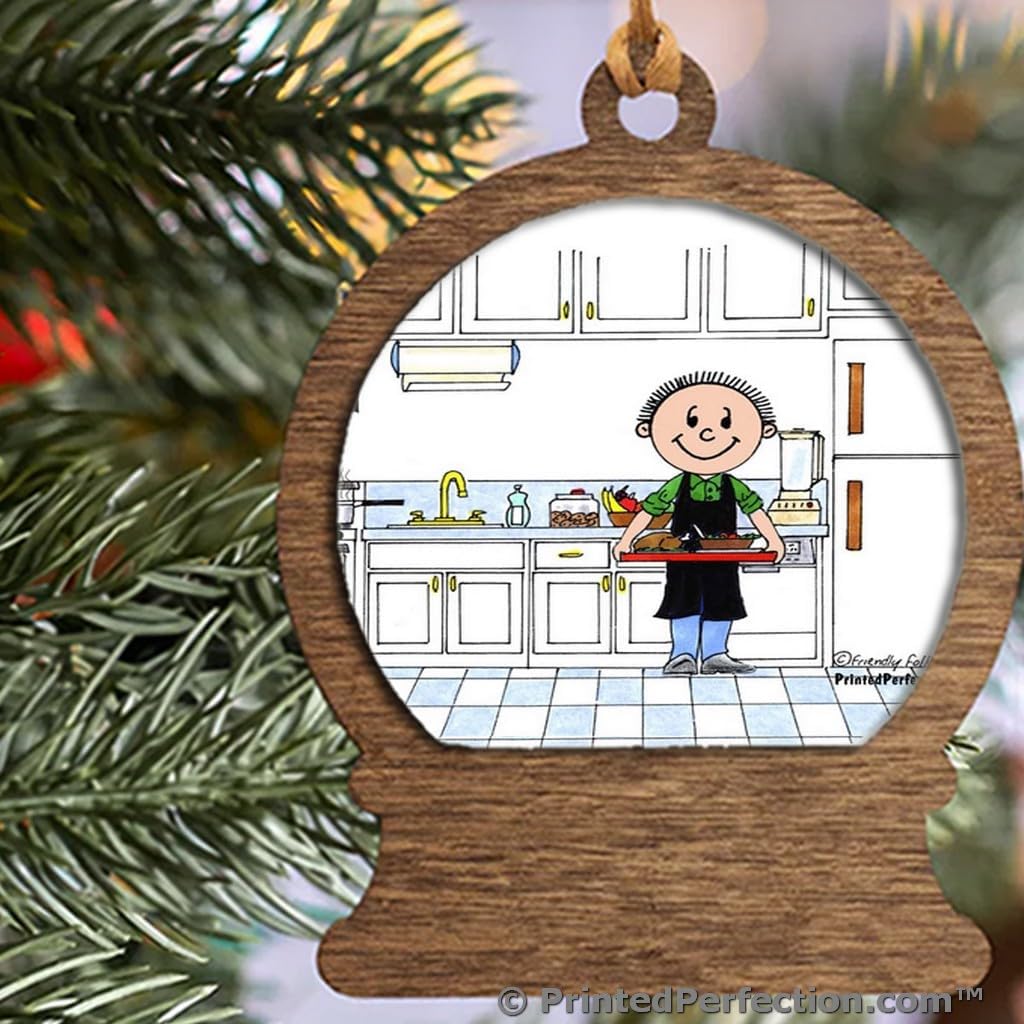 PrintedPerfection.com Personalized Chef, no Hat - Male Wooden Snow Globe Shaped Christmas Ornament