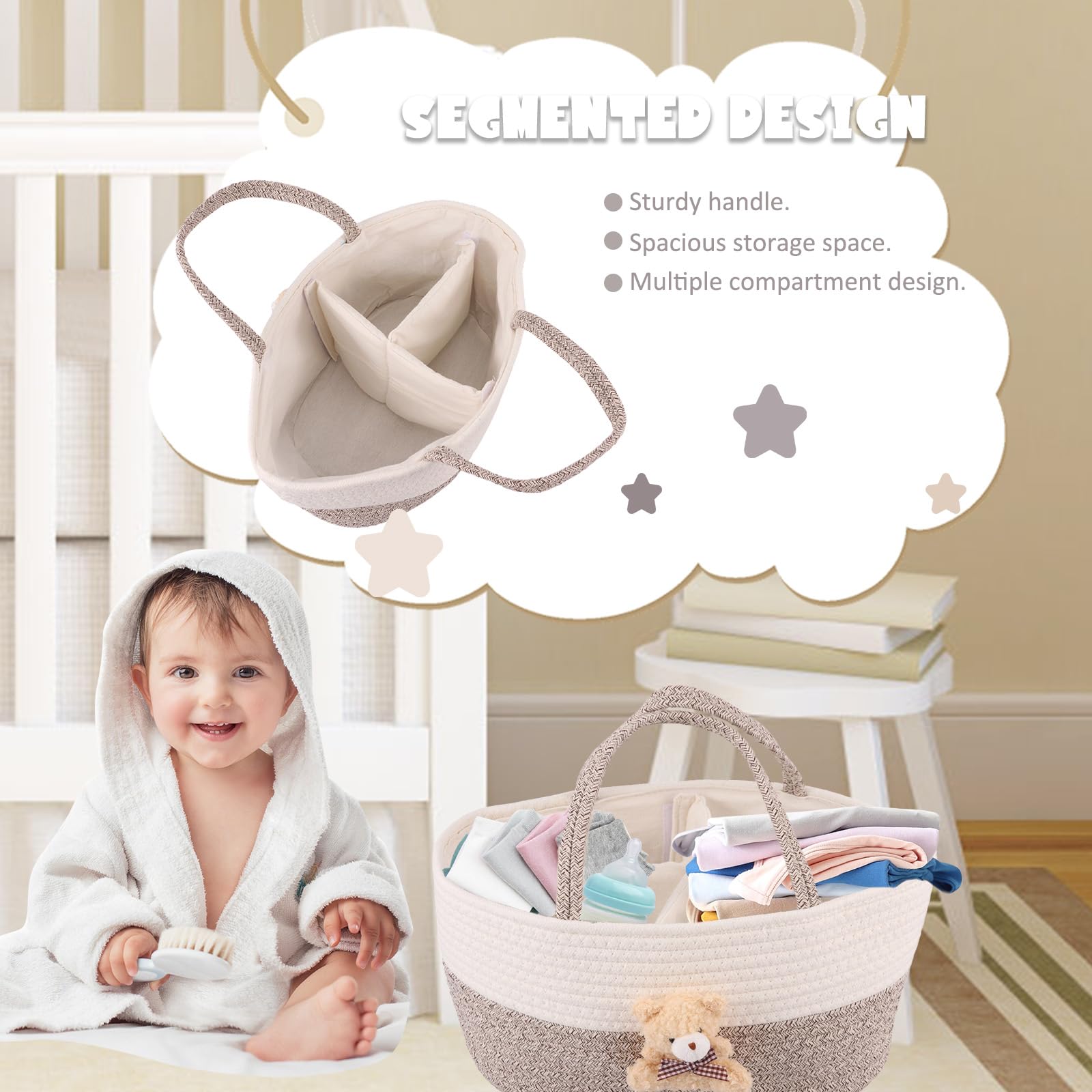 Nappy Caddy Organiser Soft Cotton Rope Baby Diaper Caddy Basket 33.5x23x18cm Cute Portable Tote Bag for Newborn Essentials Boy or Girl Baby Shower Basket Gift with Sturdy Handle(Khaki) - Image 4