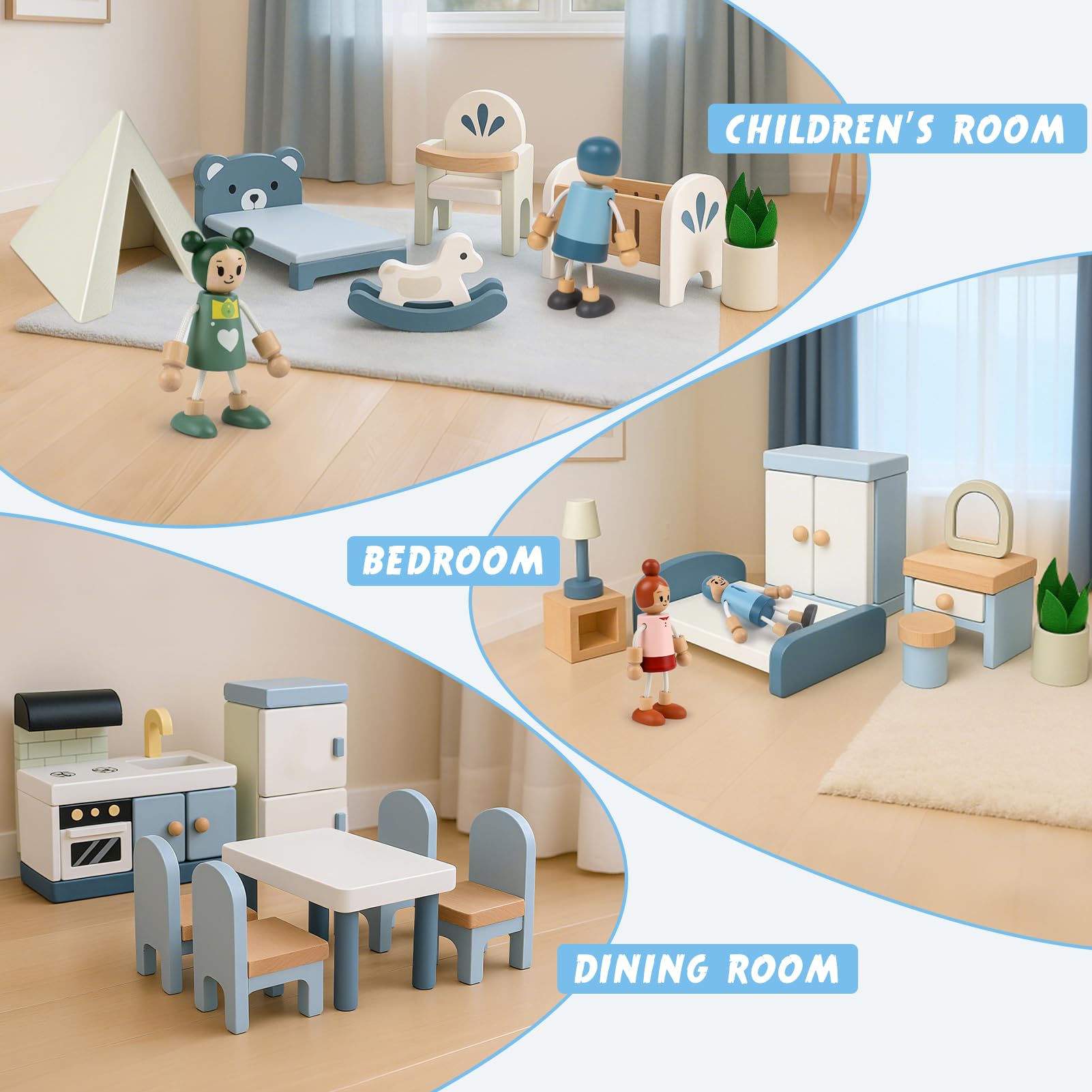 Wooden Dollhouse Furniture Set, 32 Pcs Doll House Accessories and Furniture, Miniature Furniture Including 5 Room Kits - Image 4