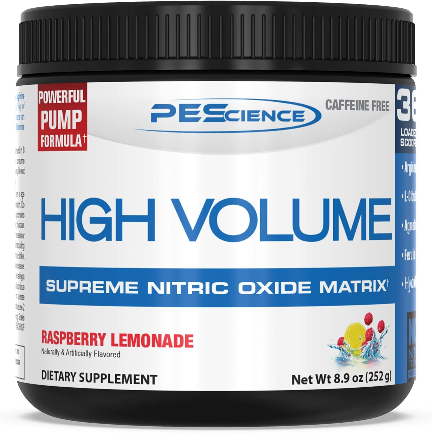 PEScience High Volume Nitric Oxide Booster Pre Workout Powder with L Arginine Nitrate, Raspberry Lemonade, 36 Scoops, Caffeine Free