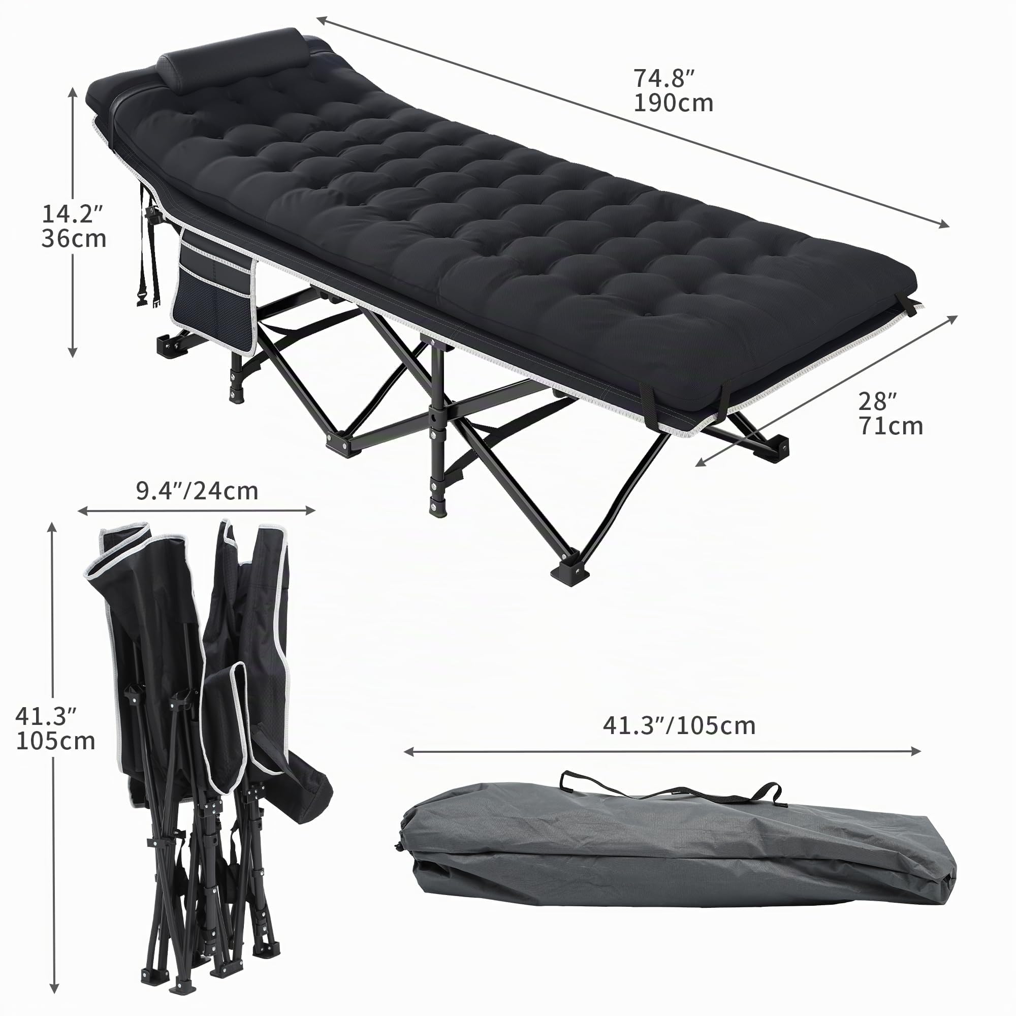 YITAHOME Lit de Camping Pliant pour Adultes, Lit de Camp Portable Robuste et Résistant, Chaise Longue Confortable avec Matelas Plus Épais Capacité de 250 kg pour Voyage/Bureau/Extérieur, Noir