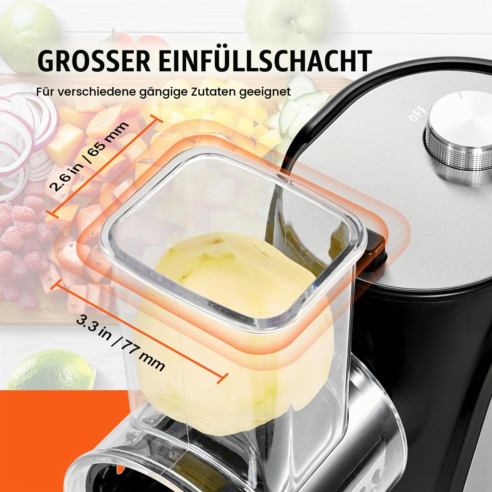 VEVOR Elektrische Käsereibe/Salatzubereiter, 250 W Salatschleuder, Elektrischer Gemüseschneider Gemüsehobel, Zerkleinerer für Obst mit 5 Aufsätzen, Lebensmittelschneider aus Edelstahl & ABS