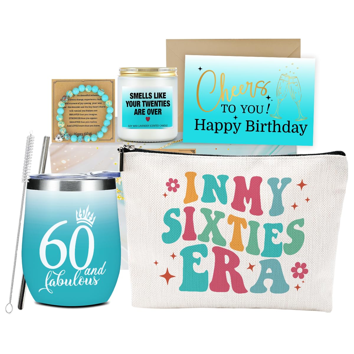 60th Birthday Gifts for Women, 60th Birthday Decorations for Woman 60 Year Old Woman Her Grandmother Grandma Christmas Retirement Cool Fabulous Turning 60 Wine Tumbler Makeup Bag Bracelet Set,8Pcs-image-26