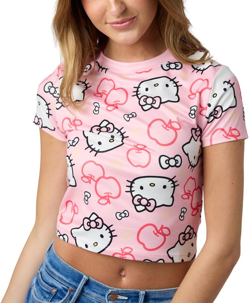 Hello Kitty Character Heads All-Over Print Women's Pink Crew Neck Short Sleeve Baby Tee - Image 3