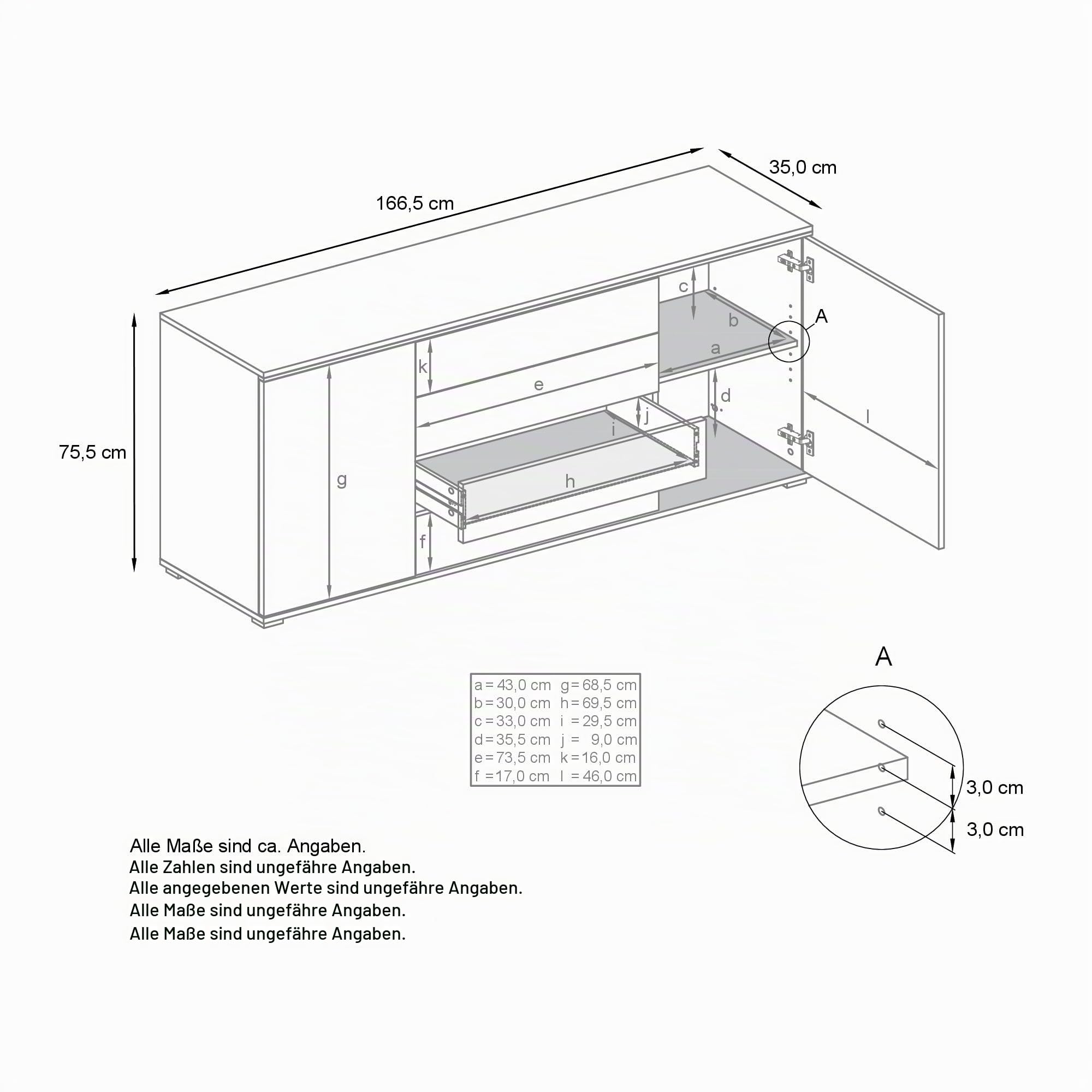 Sideboard Faro V2 - Kommode mit 2 Türen & 4 Schubladen, Schrank mit LED Lichtleiste, Anthrazit matt/Eiche Natur (166,5 x 75,5 x 35)