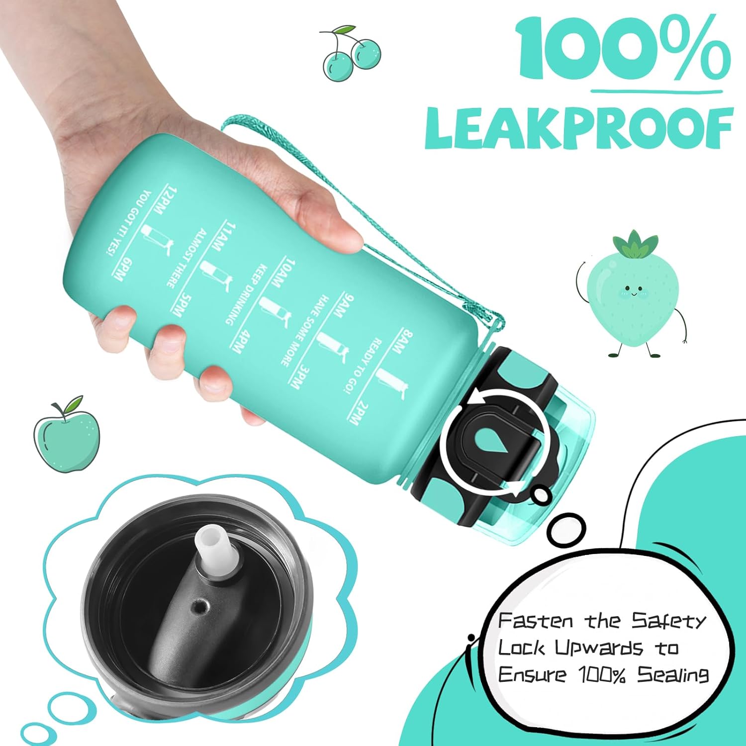 Children's Water Bottle, 500 ml, Drinking Bottle, Drinking Bottle with Straw, Easy to Clean, Water Bottle Time, Leak-Proof, Water Bottle with Time Marking for School, Camping, Running, Green