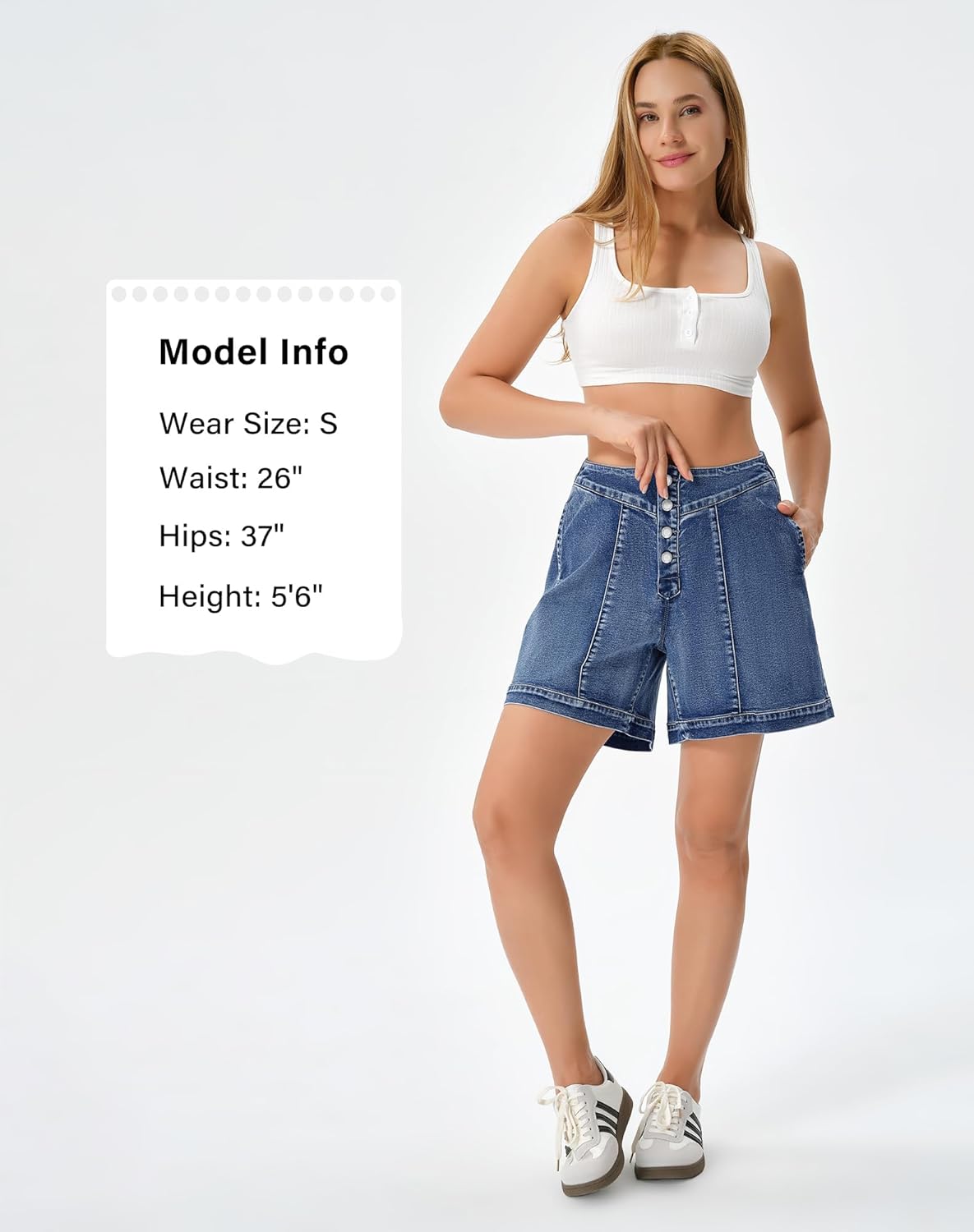 roswear Women's Jean Shorts Stretchy Baggy Half Elastic Waist with Button Fly - Image 4