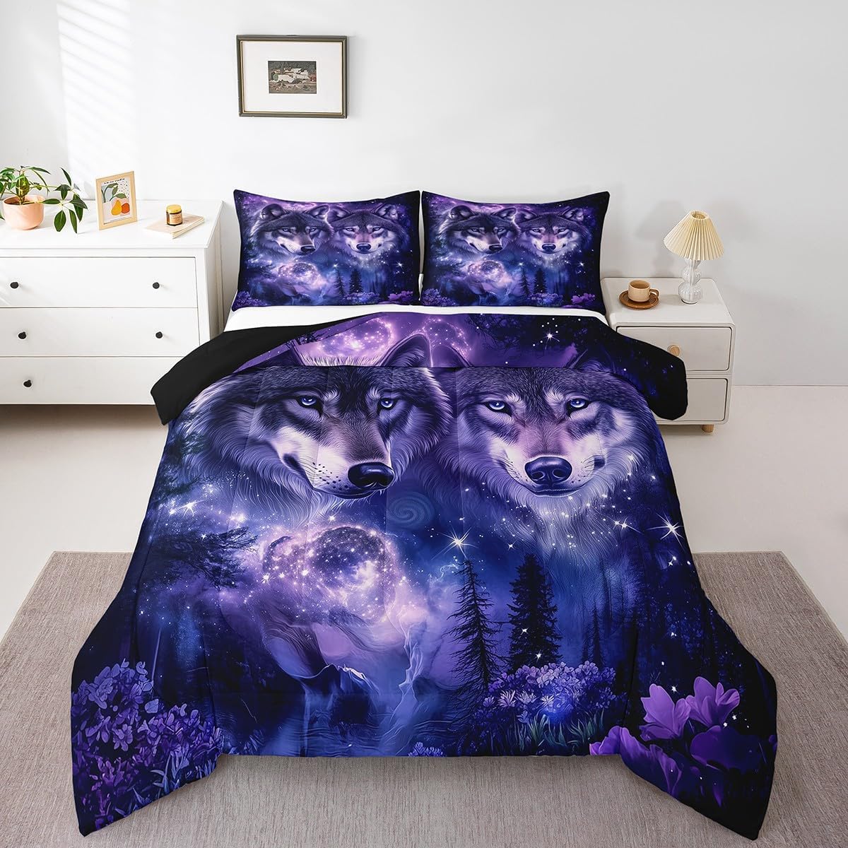 jejeloiu Wolf Comforter Set, Woodland Tree Flowers Bedding Set Full Size,Kids Boys Girls Outer Space Galaxy Bedroom Home Decor,Safari Animal Pattern All Season