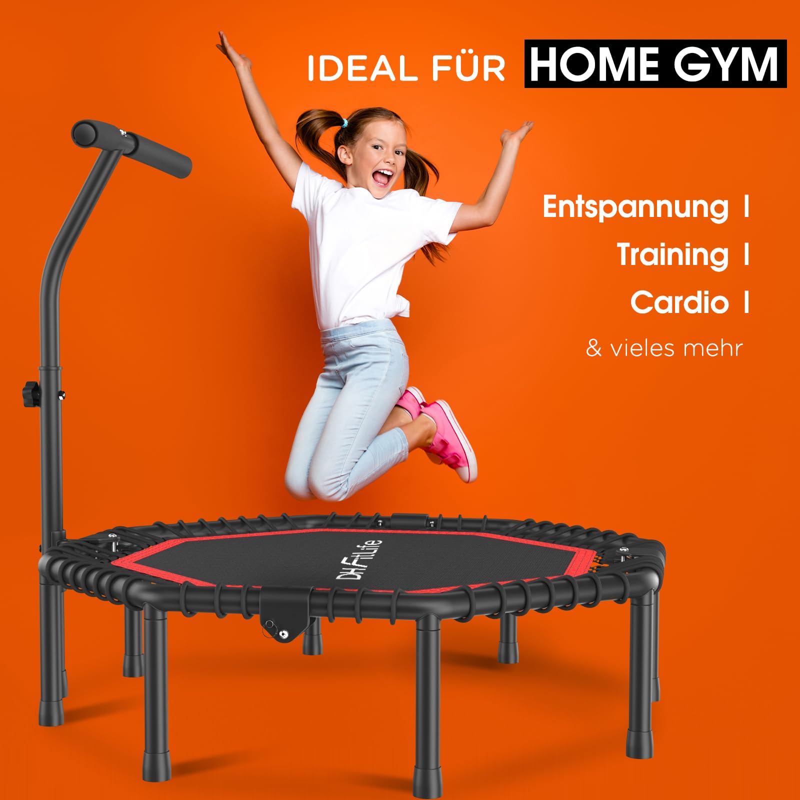 DH FitLife Fitness Trampolin klappbar Leise Gummiseilfederung ohne Installation | 45 Zoll 115cm Trampoline für Indoor & Outdoor Jumping | mit 3 verstellbaren Handgriffstufen