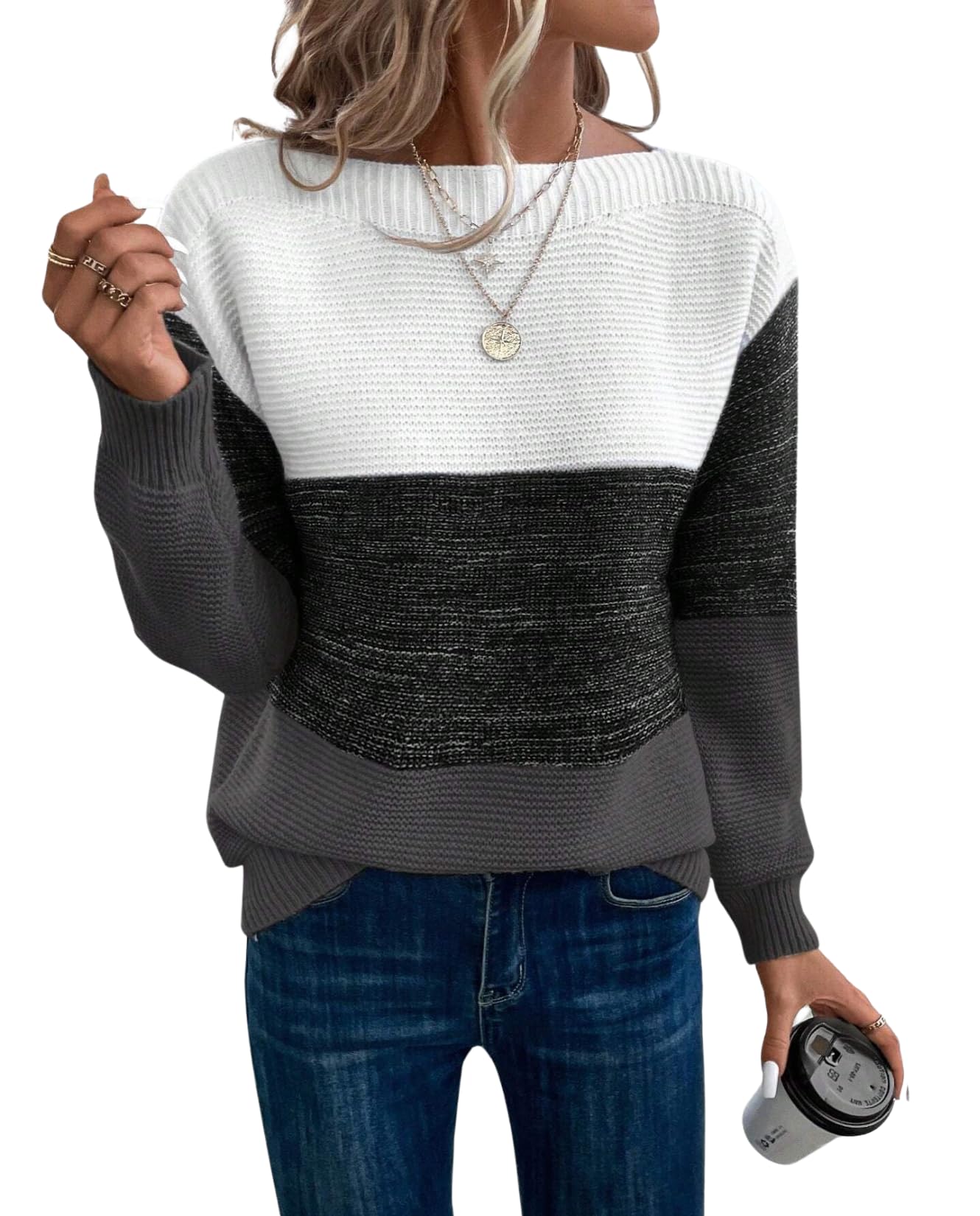 LIZALIG Womens Color Block Casual Sweater Long Sleeve Round Neck Soft Loose Fit Clashing Top for Vacation Daily