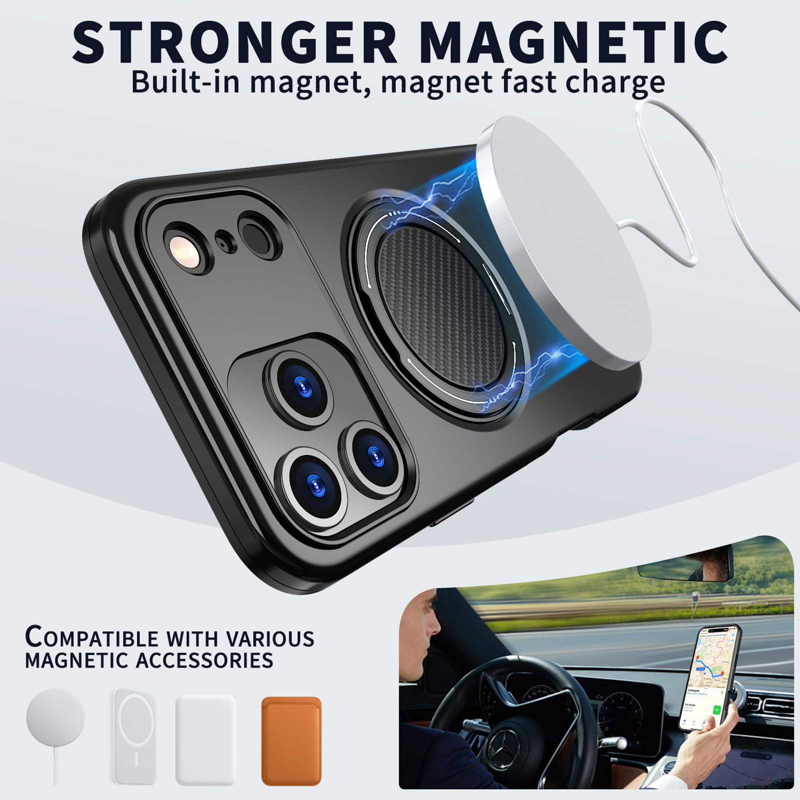 Magnetisch Hülle für iPhone 17 Pro Max/17 Pro/17 Air/17, Militär Stoßfeste rutschfeste Schutzhülle mit Drehbarer Ringhalter Handyhülle,Schwarz,17 Air