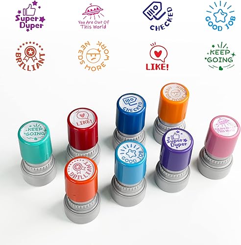 Juego de sellos redondos para profesores de clase, juego de 8 sellos autoentintados de goma de color para profesores, suministros para profesores