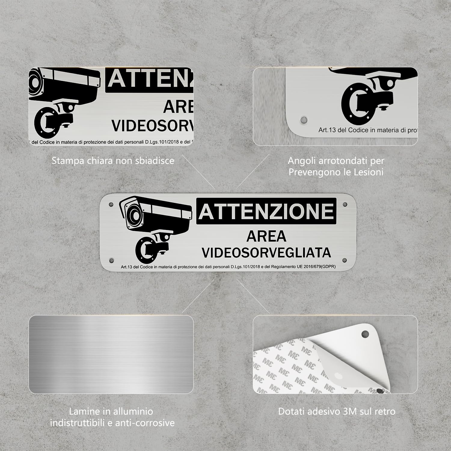 REIGY Cartello Area Videosorvegliata Alluminio da Esterno 15x5 cm, 4pcs Area Sottoposta a Videosorveglianza Adesivo GDPR, Cartelli Privacy Telecamere Sorvegliata per Proprietà Privata