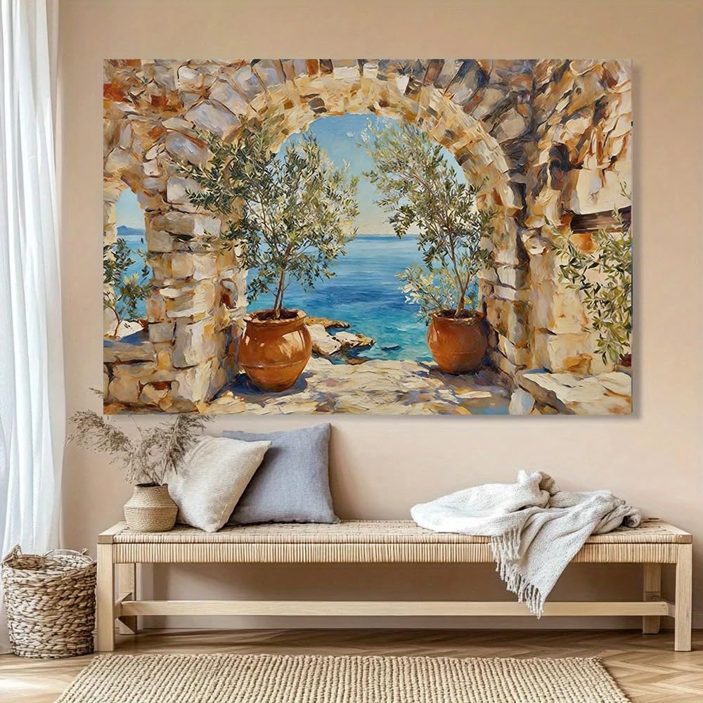 LTjiajuypd Canvas Prints Poster Mediterranean Seascape Print. Coastal Greece Wall Decor Olive Tree Posters Beach House Artwork Home(60x90CM/Frameless)