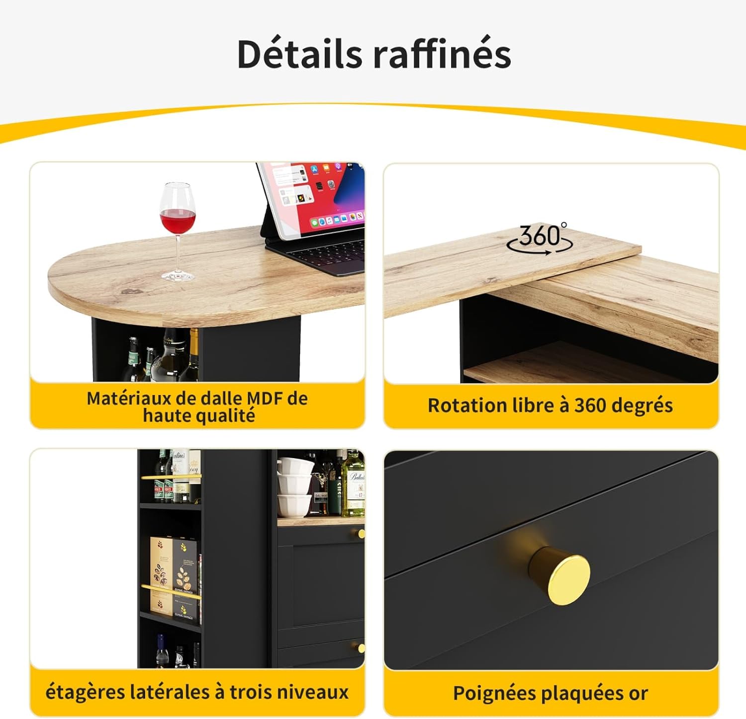 Close-up of refined details including MDF material, 360-degree rotation, side shelves, and gold-plated handles