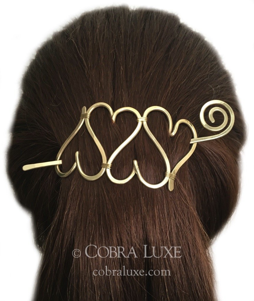 Love Heart Hair Barrette Brass Heart Bun Holder Gold Hair