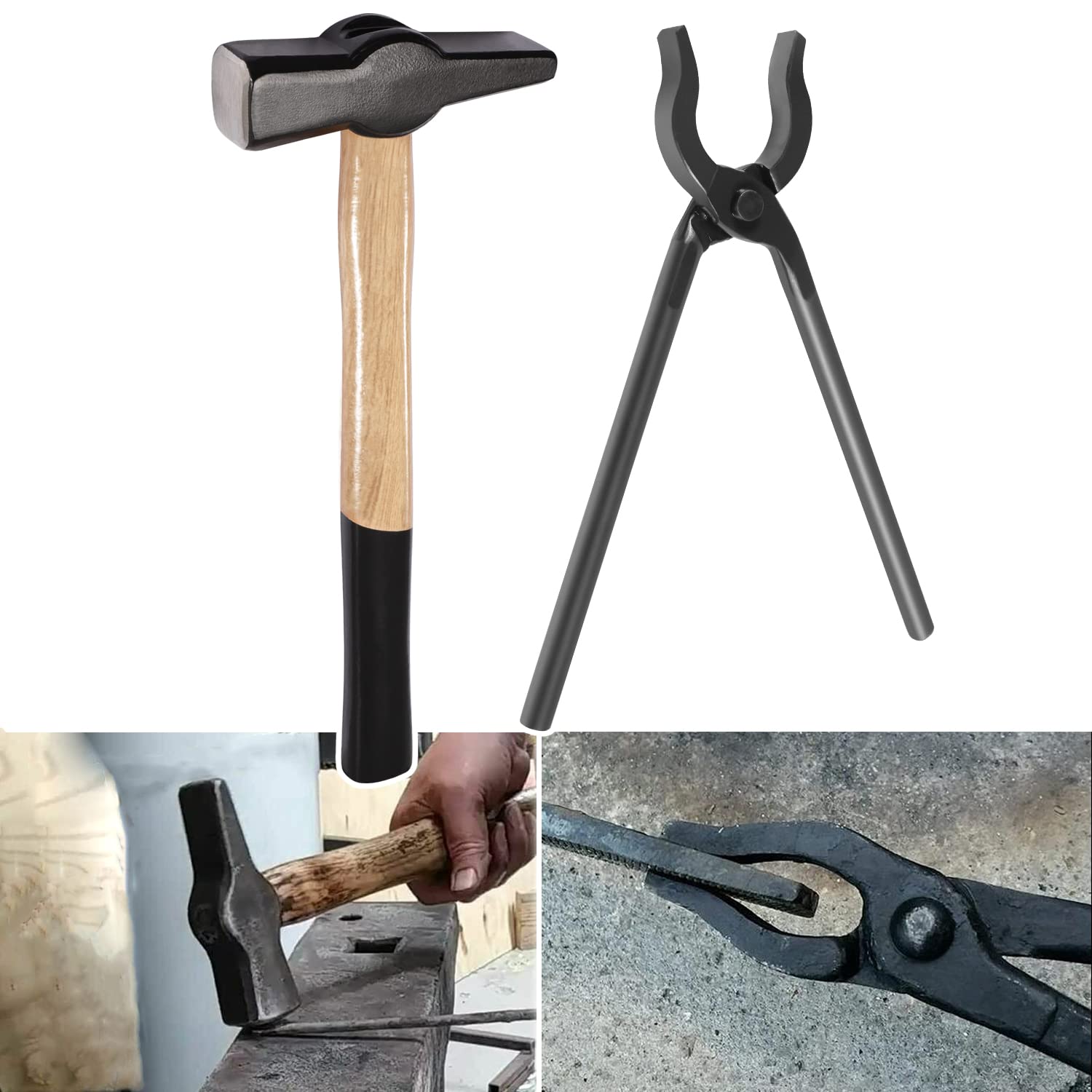 Yoursme Blacksmith Forging Tools Kit - Handmade Blacksmith Tongs (0004930-300) & Blacksmiths’ Hammer (0000811-1000) Assembled Bladesmith Tool Set for Blacksmith Forge Making Farrier, Knife and Tool