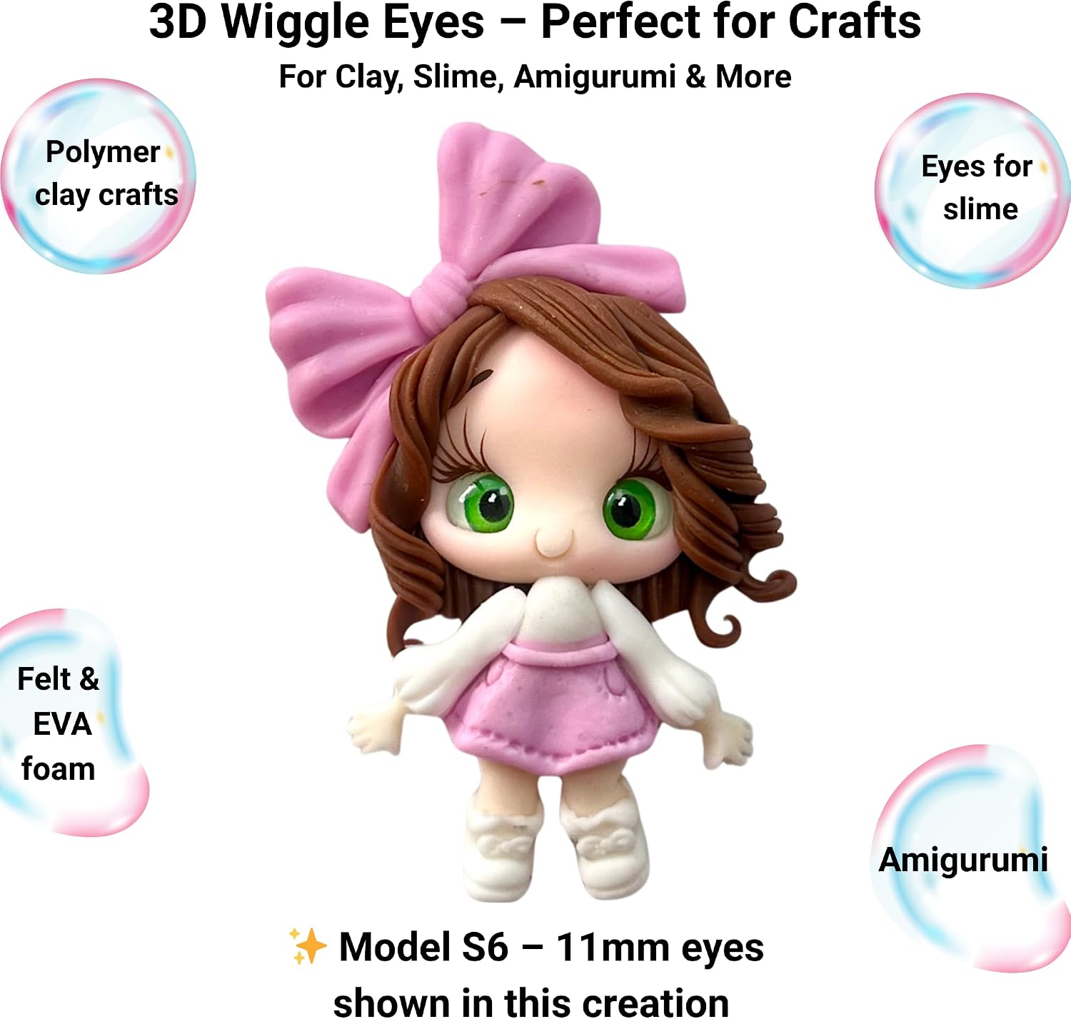 96 PCS 11mm 3D Resin Doll Eyes – Self Adhesive Craft Eyes for Amigurumi, Polymer Clay, Dolls, Clay Crafts & DIY Projects (Brown, Red, Blue, Green) S6 11mm