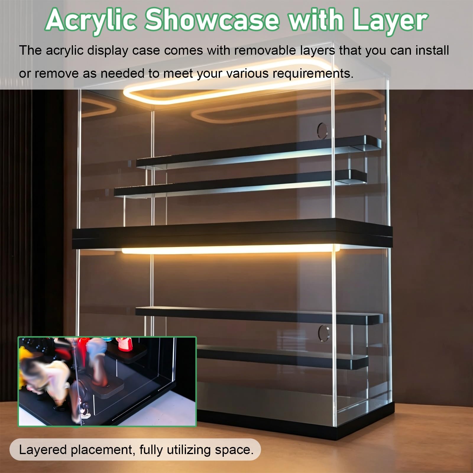 Teca Plexiglass Vetrina per Oggetti da Collezione Antipolvere Autoassemblante in Acrilico con Luci, Scatola da Esposizione per Vetrina da Banco in Acrilico Trasparente(A)