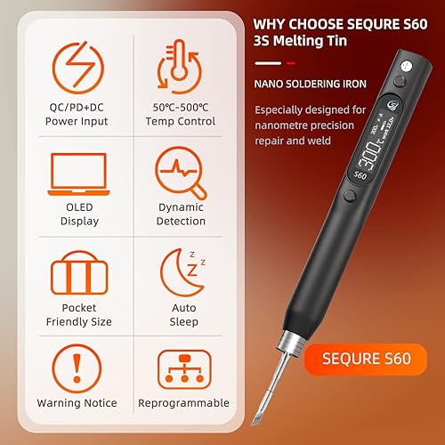 Miniatura 2 de SEQURE Kit de soldador eléctrico de 60 W, mini soldador eléctrico, 122-932, entrada de alimentación DC+PD, pantalla OLED, apagado automático y