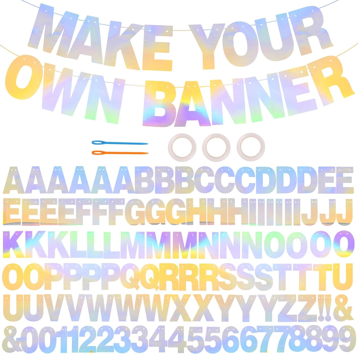 DecoGlee 116 PCS A-Z Glitter Laser Silver DIY Letter Banner Kit Make Your Own Banner，Including 111 Letters and Numbers 3 Rope and 2 Threading Device,for Birthday Graduation Wedding Halloween Party