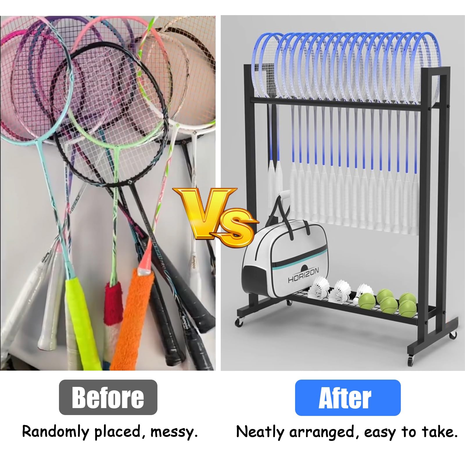 Kunovo Large Sports Equipment Storage Rack with Wheels, Badminton Racket Display Holder with Foam Arms, Tennis Racket Stand Cart for Clubs Stadium